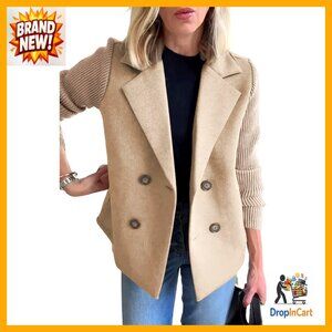 Double Breasted Wool Pea Coat Notched Lapel Ribbed Knit Sleeves Blazer Jacket